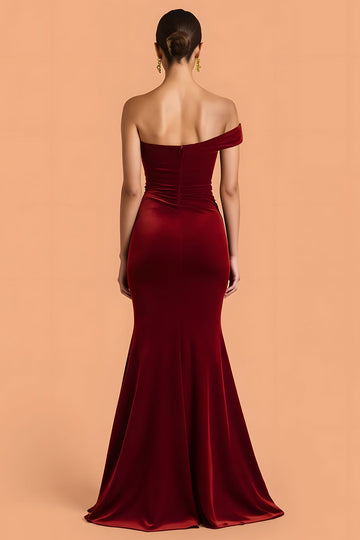 Burgundy Mermaid One Shoulder Velvet Ruched Long Bridesmaid Dress